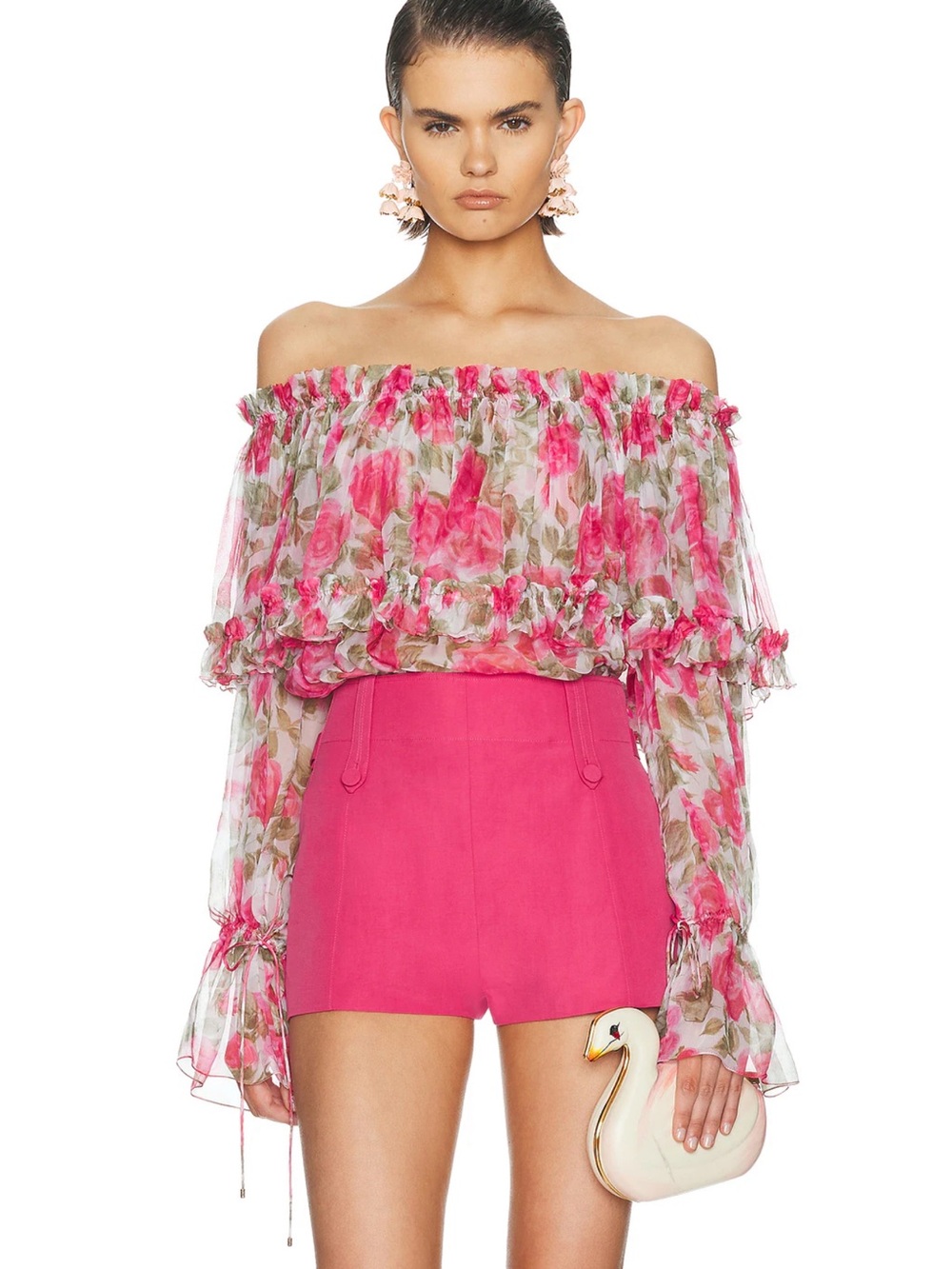 Chloe high rise tailored linen and cotton blend shorts in raspberry sorbet